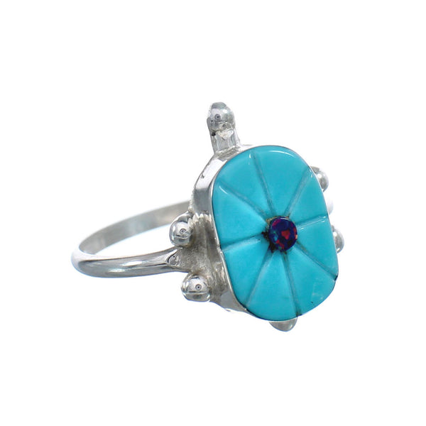 Native American Turquoise and Purple Opal Sterling Silver Turtle Ring Size 7-1/4 JX124177